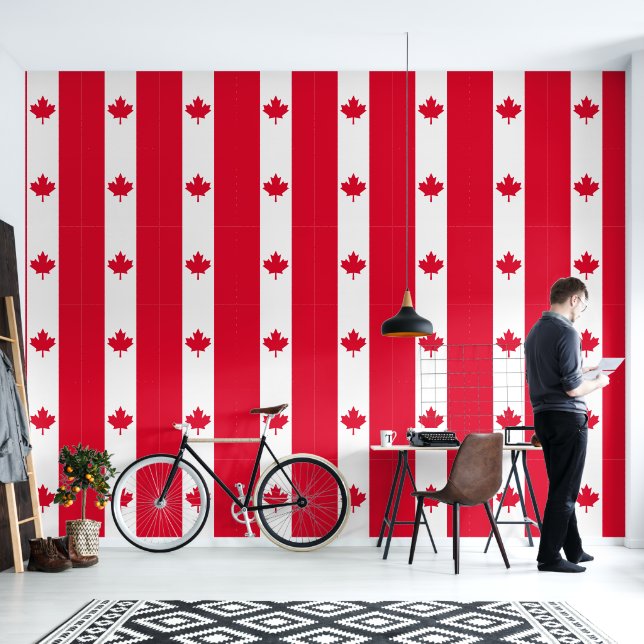 Jumbo Canada Flag Red Maple Leaf Stripe Pattern  Wallpaper (Living Room)