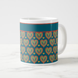 Jumbo Coffee Mug, Red, Green Hearts on Teal Large Coffee Mug