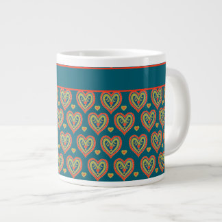 Jumbo Coffee Mug, Red, Green Hearts on Teal Large Coffee Mug