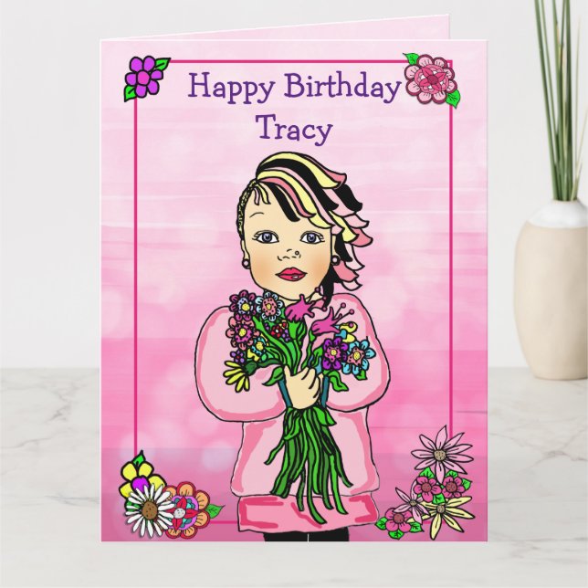 Jumbo Happy Birthday Whimsical Girl with Flowers Card (Front)