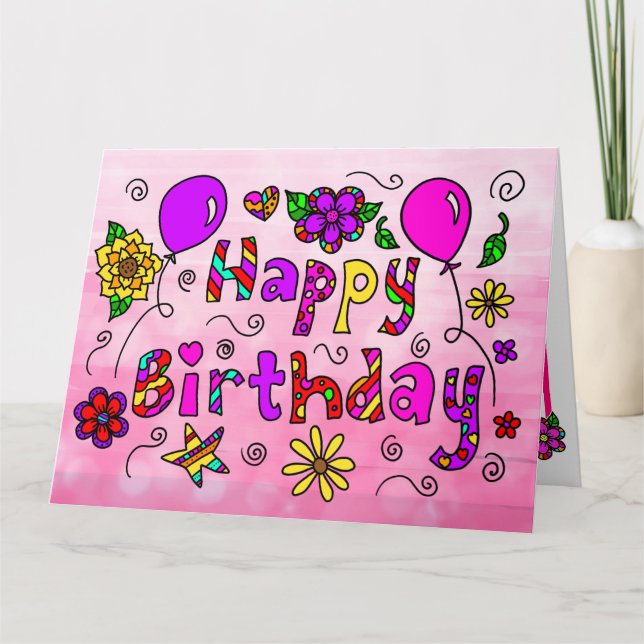 Jumbo Happy Birthday with Flowers and Balloons Card (Front)