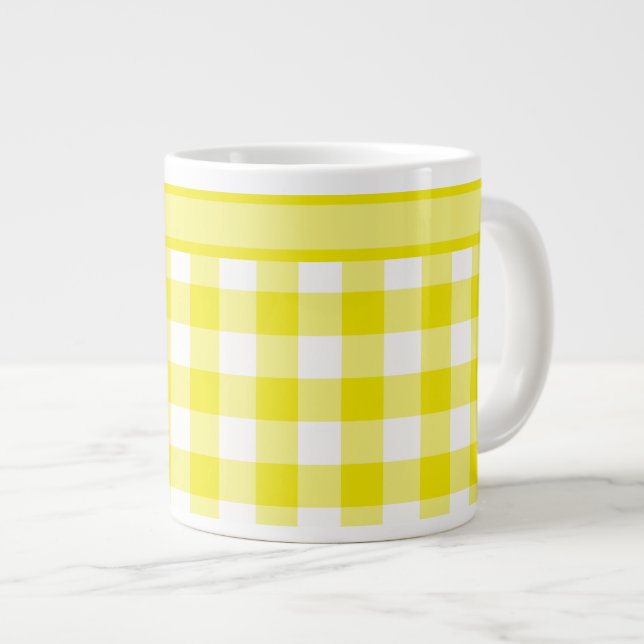 Jumbo Mug, Lemon Yellow Check Gingham Pattern Large Coffee Mug (Front Right)