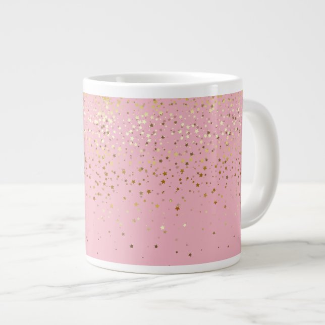 Jumbo Mug-Petite Golden Stars-Pink Large Coffee Mug (Front Right)