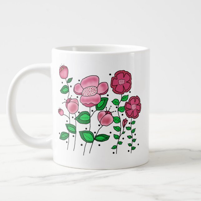 JUMBO Mug - Pink whimsical flowers (Left)