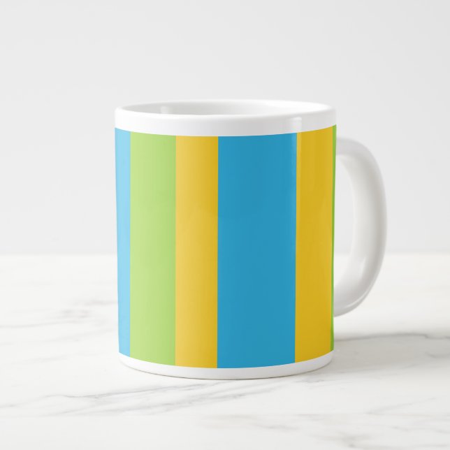 Jumbo Mug: Turquoise, Yellow, Green Stripes Large Coffee Mug (Front Right)