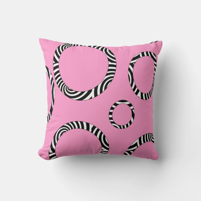 Jumbo Pink, Black, White Striped Circles Pillow (Front)
