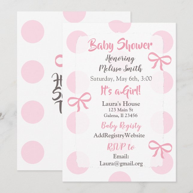Jumbo Pink Polka Dot girl's Baby Shower Invitation (Front/Back)