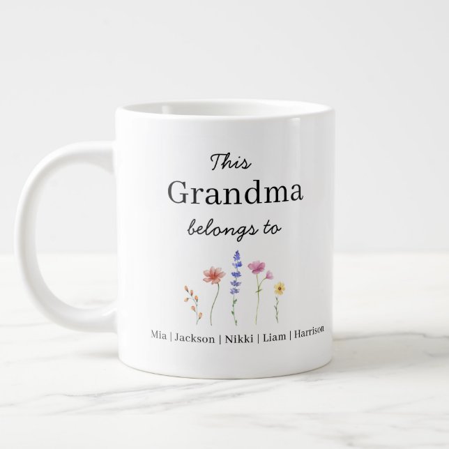 JUMBO size - Five Grandchildren Personalised  Large Coffee Mug (Left)