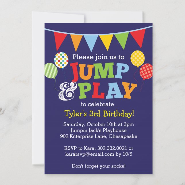 Jump and Play Balloons Invitation (Navy Blue) (Front)