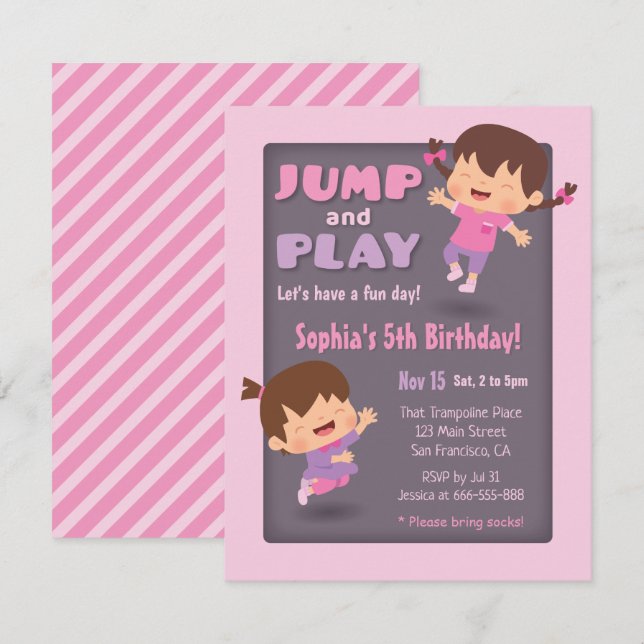 Jump and Play Cute Girls Trampoline Birthday Party Invitation (Front/Back)