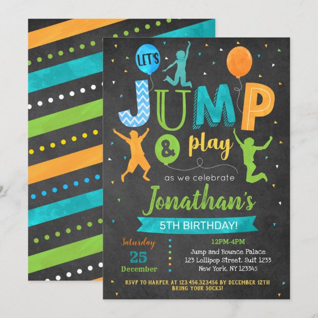 Jump Birthday Invitation Bounce Trampoline Party  (Front/Back)