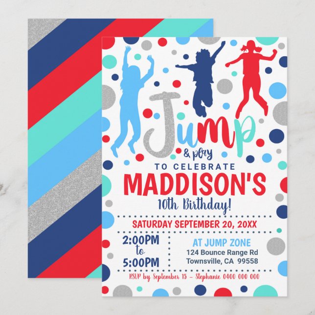 Jump Birthday Invitation Boy Girl Jump Trampoline (Front/Back)