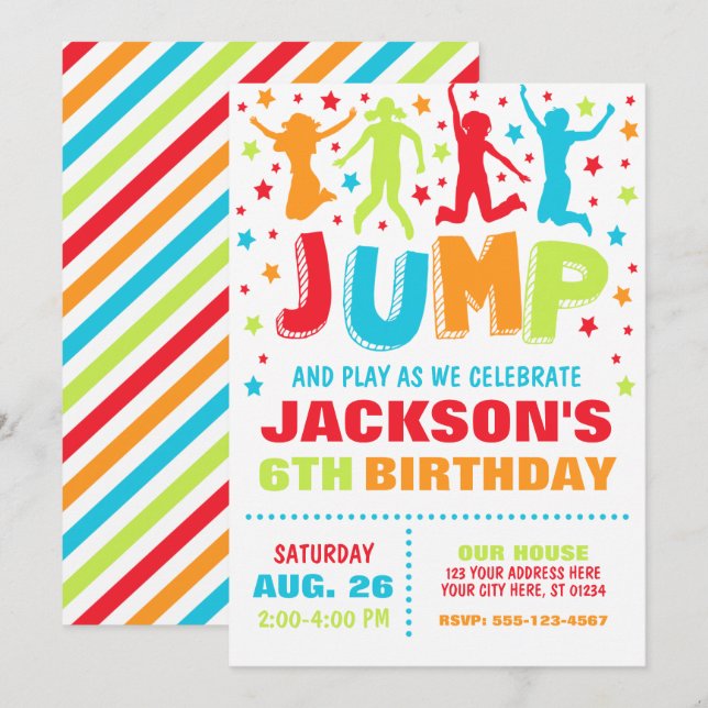 Jump Birthday Invitation, Trampoline Bounce House  Invitation (Front/Back)