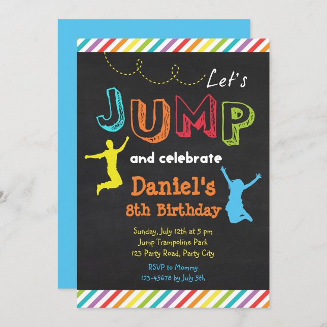 Jump Birthday Invitations (Chalkboard Rainbow) (Front/Back)