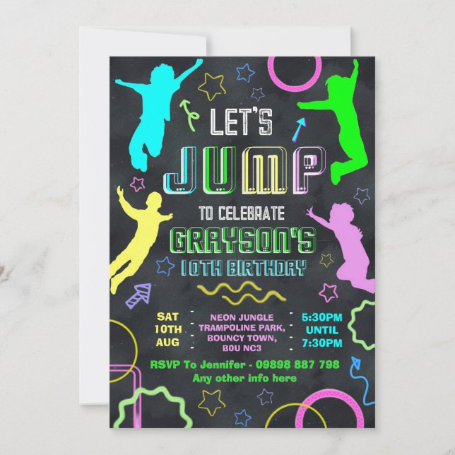 Jump birthday invitations, trampolining party invitation (Front)
