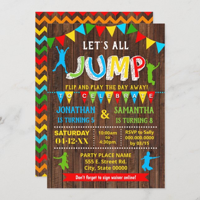 Jump birthday trampoline bounce combined party invitation (Front/Back)
