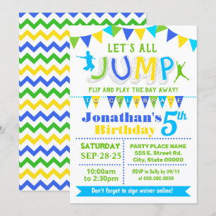 Jump birthday trampoline bounce house party invitation