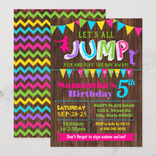 Jump birthday trampoline bounce house pink party invitation