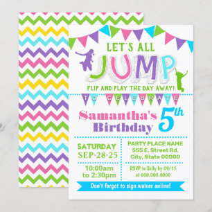 Jump birthday trampoline bounce house pink party invitation