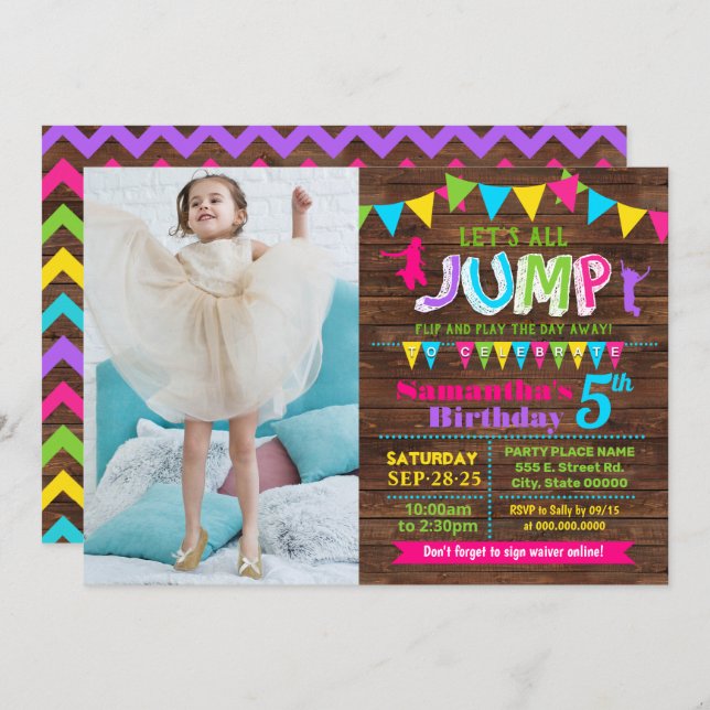 Jump birthday trampoline bounce house pink party invitation (Front/Back)