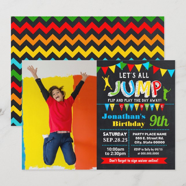 Jump birthday trampoline bounce party photo invitation (Front/Back)