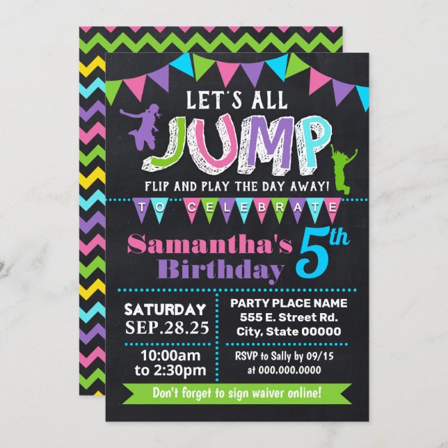 Jump birthday trampoline chalkboard pink party invitation (Front/Back)
