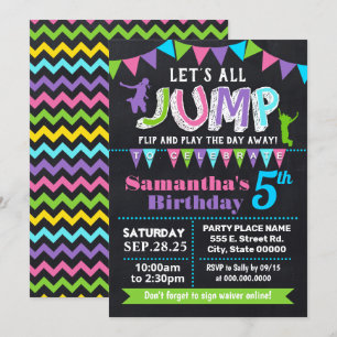 Jump birthday trampoline chalkboard pink party invitation