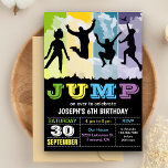 Jump Bounce House Trampoline Party Birthday Invite<br><div class="desc">Amaze your guests with this cool birthday party invitation featuring a modern silhouette of jumping kids against a colorful background with vibrant typography. Simply add your event details on this easy-to-use template to make it a one-of-a-kind invitation. Flip the card over to reveal an elegant black and white stripes pattern...</div>