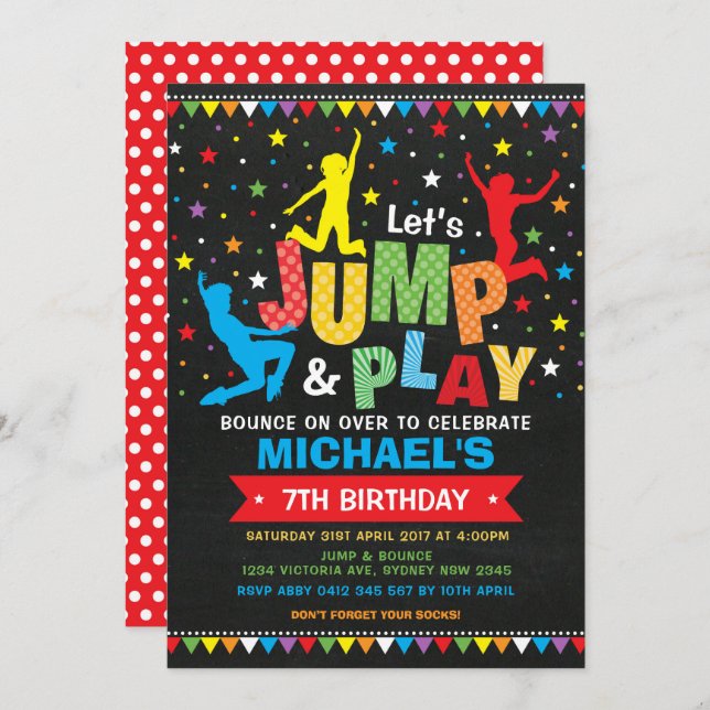 Jump, Bounce, Play! Trampoline Birthday Party Invitation (Front/Back)