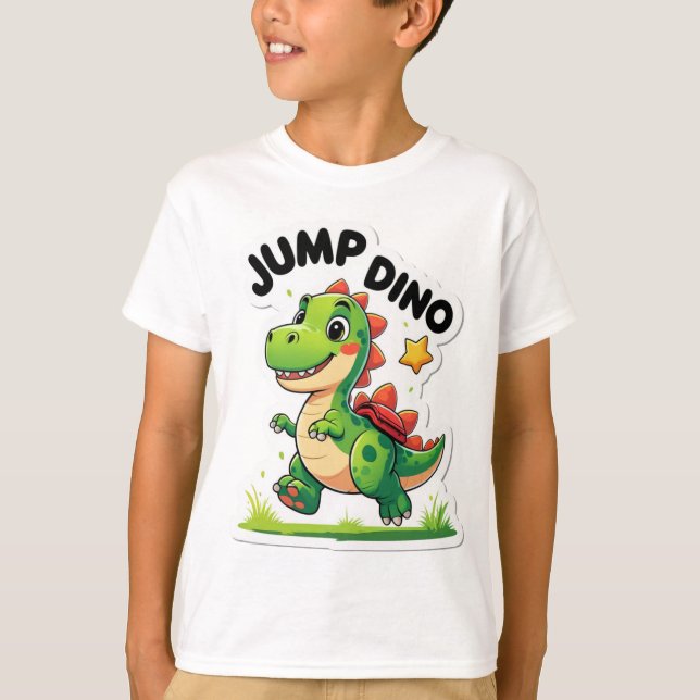 Jump Dino – Playful Cartoon Sticker T-Shirt (Front)