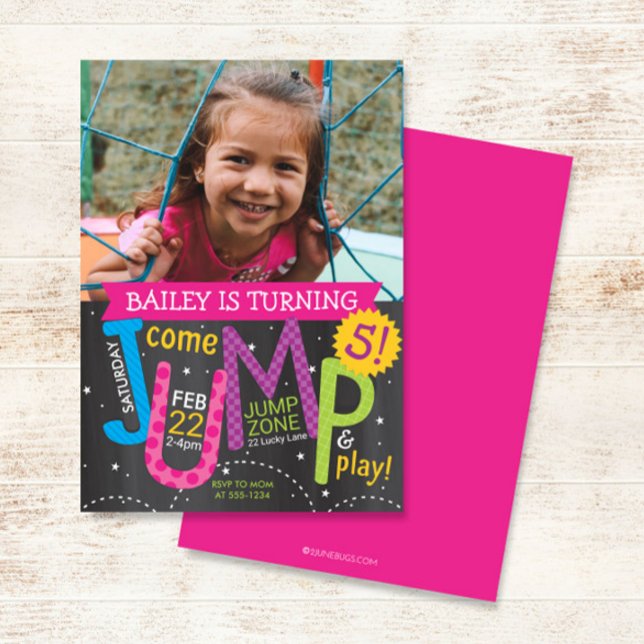 Jump Girl Birthday Party Photo Pink on Chalkboard Invitation (Creator Uploaded)