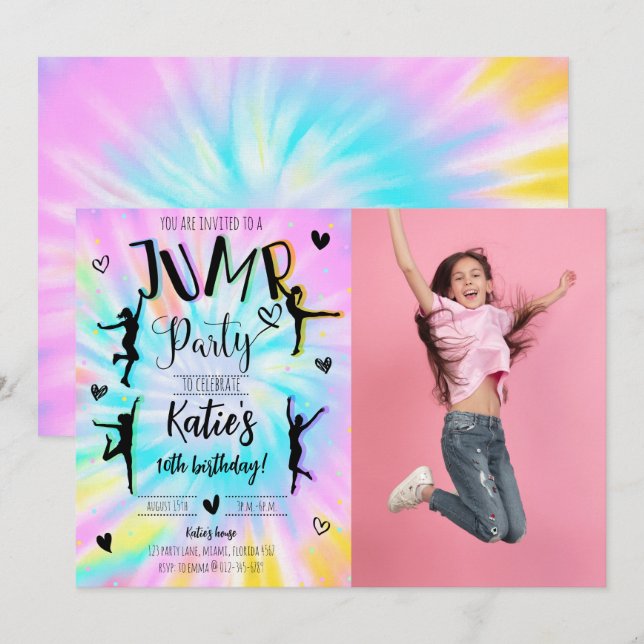 Jump Girl Tie Dye Birthday Party Photo Invitation (Front/Back)