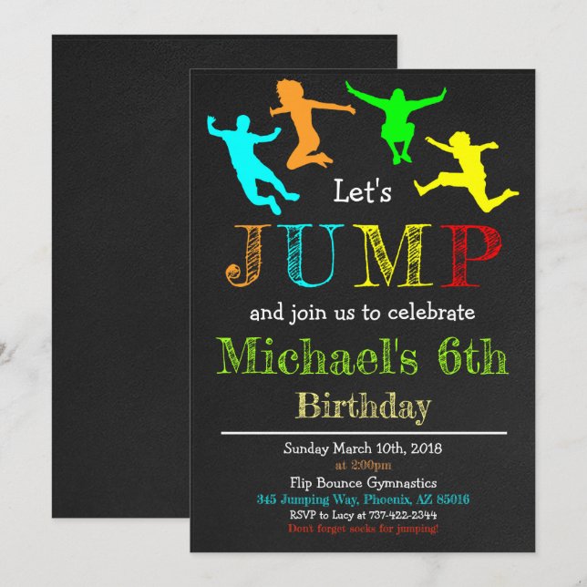 Jump Gymnastics Flip Chalkboard Boy Birthday Invitation (Front/Back)