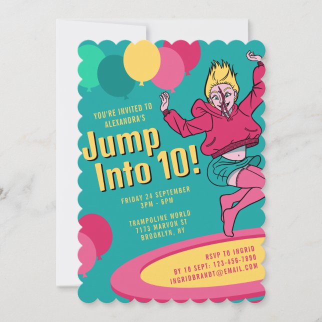 Jump Into 10 Trampoline Party Girls 10th Birthday Invitation (Front)