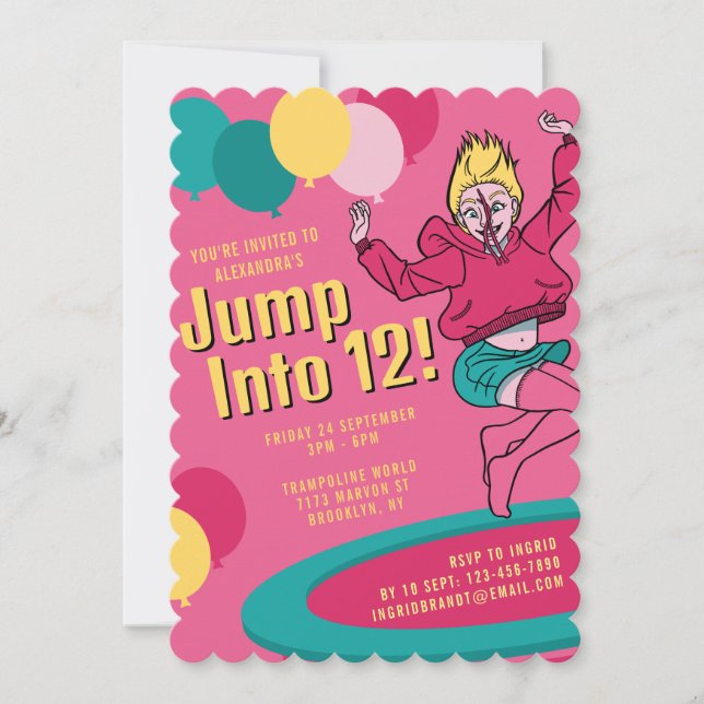 Jump Into 12 Cute Trampoline Girl 13th Birthday Invitation (Front)