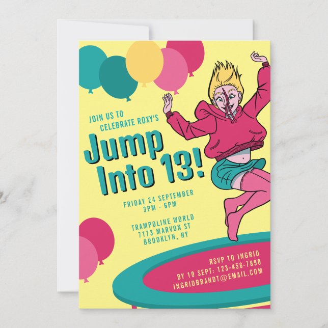 Jump Into 13 Cute Cartoon Girl 13th Birthday Invitation (Front)