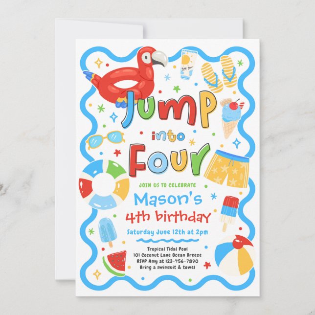 Jump Into Four Summer Pool Party 4th Birthday Invitation (Front)