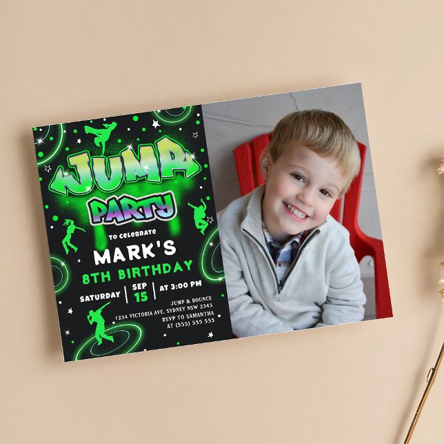 Jump Neon Trampoline Birthday Party Photo Invitation (Creator Uploaded)