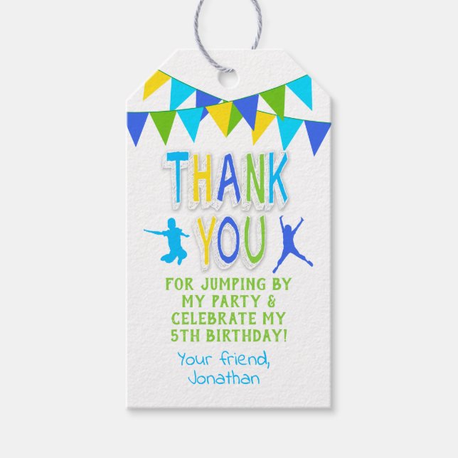 Jump party bounce blue green yellow favour tag (Front)