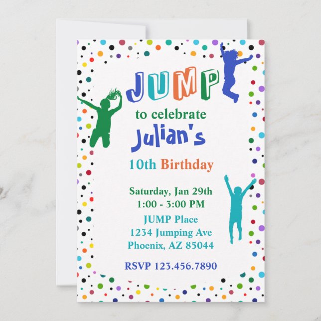 Jump Party Trampoline Park Boys Birthday Invitation (Front)