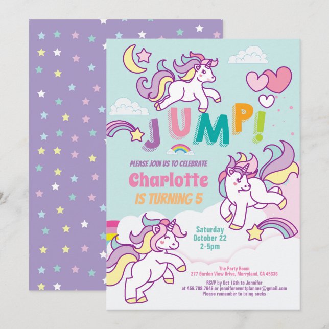 Jump party unicorn girl birthday pastel colour invitation (Front/Back)