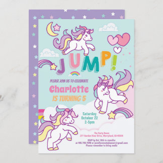 Jump party unicorn girl birthday pastel colour invitation