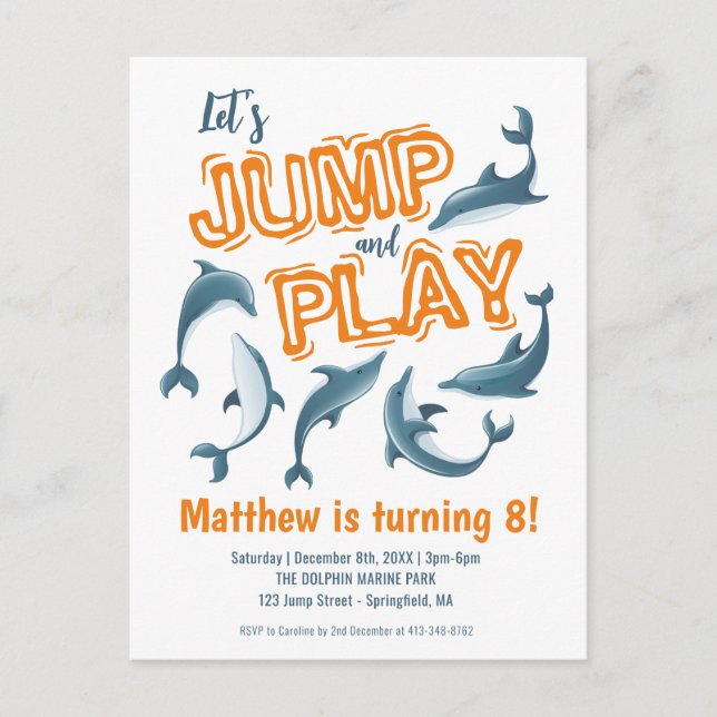 Jump Play Dolphin Park Kids Party Orange Birthday Postcard (Front)