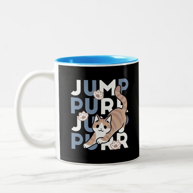 Jump Purr Jump: Playful Cat Design with Fun Art Two-Tone Coffee Mug (Left)