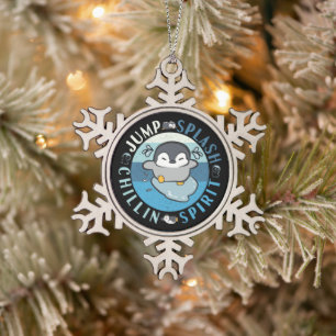 Jump Splash Chillin Spirit - Feel Good Penguin Snowflake Pewter Christmas Ornament