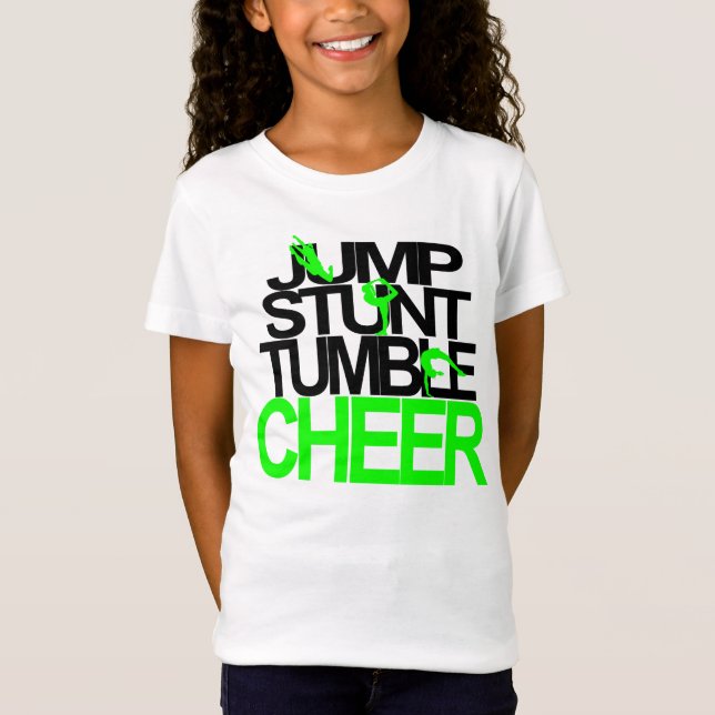 Jump, Stunt, Tumble, Cheer Tee in Black & Green (Front)