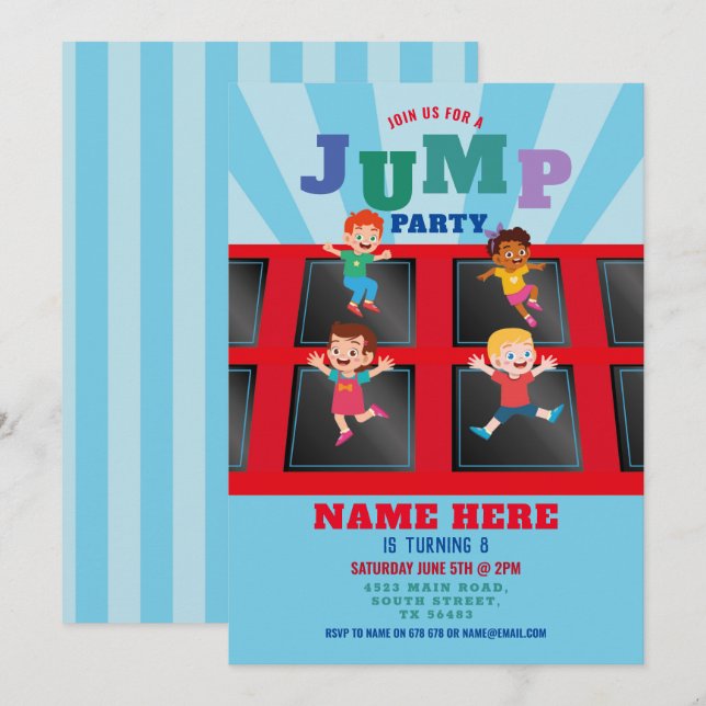 Jump Trampoline Birthday Blue Boys Invitation (Front/Back)