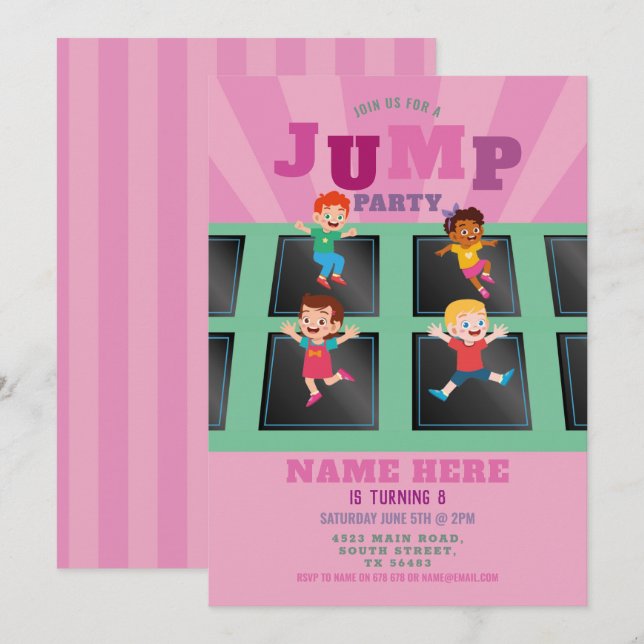 Jump Trampoline Birthday Girls Pink Invitation (Front/Back)