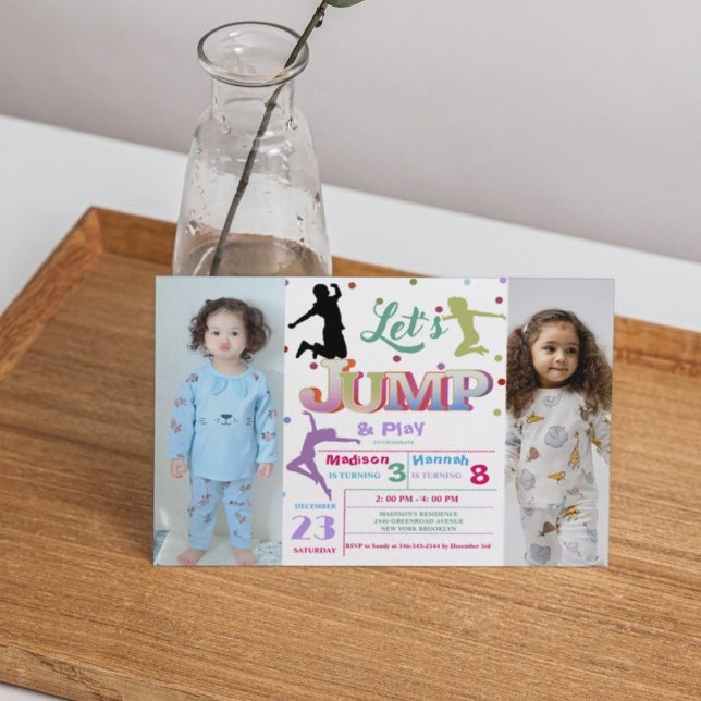 Jump Trampoline Colourful Double birthday party Invitation (Creator Uploaded)