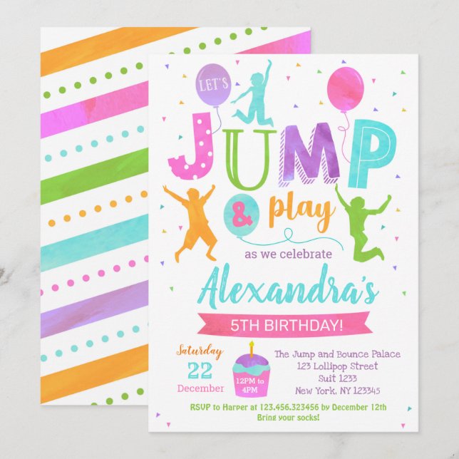Jump Trampoline Park Birthday Invitations Girl (Front/Back)
